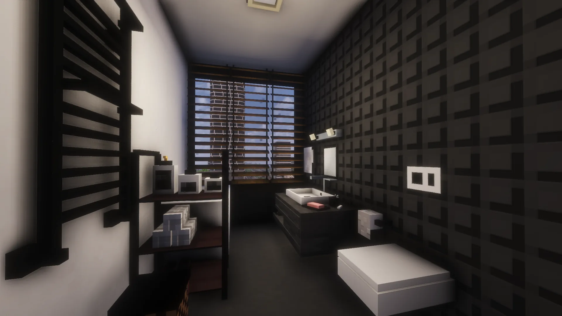 This bathroom was designed using stuff from 26.5.0 update featuring brand new bathroom radiator, window blinds and sink with shelf. All together makes a stunning place to relax or do your business.